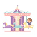 Cute Little Boy Riding at Carousel with Horses or Merry Go Round, Happy Kid Having Fun in Amusement Park Vector Royalty Free Stock Photo