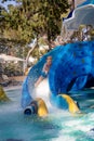 Cute little boy rolls down a water slide in a aquapark. Activities in the pool. Concept summer vacation, rest, fun Royalty Free Stock Photo