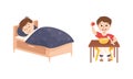 Cute little boy daily routine. Kid sleeping in bed and eating breakfast cartoon vector illustration Royalty Free Stock Photo