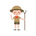 cute little Cute boy scout with Hiking Stick, Happy kid girl scout honor uniform summer camp cartoon flat character