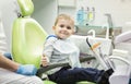 Cute little boy showing thumb up sign at dentist`s office clini Royalty Free Stock Photo