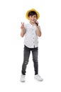 Cute little boy singing into microphone on white Royalty Free Stock Photo