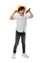 Cute little boy singing into microphone on white Royalty Free Stock Photo