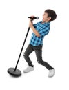 Cute little boy singing into microphone on white Royalty Free Stock Photo