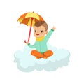 Cute little boy sitting on cloud under umbrella, kids imagination and dreams vector illustration