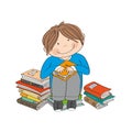 Cute little boy sitting on the pile of books, enjoying reading Royalty Free Stock Photo