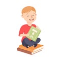 Cute Little Boy Sitting on Pile of Books and Reading, Preschool Boy Enjoying Literature, Kids Education Concept Cartoon Royalty Free Stock Photo