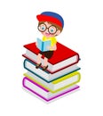 Cute little boy sitting and reading a book on stack of books, happy pupil reading a book at a top of a books heap, kids back to sc Royalty Free Stock Photo