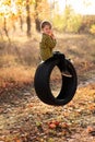 A cute little boy is sitting on a swing wheel Royalty Free Stock Photo