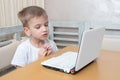 Cute little boy sitting at the table studying at home with a tutor on a laptop. Learning concept, distance learning Royalty Free Stock Photo