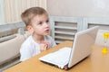 Cute little boy sitting at the table studying at home with a tutor on a laptop. Learning concept, distance learning Royalty Free Stock Photo