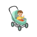 Cute little boy sitting in a turquoise baby pram, safety handle transportation of small kids vector illustration Royalty Free Stock Photo