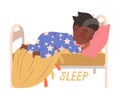 Cute little boy sleeping in the bed. Sleep verb expressing action cartoon vector illustration Royalty Free Stock Photo