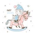 Cute little boy is sleeping sweetly on a unicorn toy horse. Vector Royalty Free Stock Photo