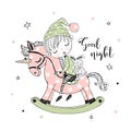 Cute little boy is sleeping sweetly on a unicorn toy horse. Vector Royalty Free Stock Photo