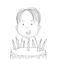 Cute little boy smiling happily, celebrating birthday, b-day chocolate cake with seven candles in front of him Royalty Free Stock Photo