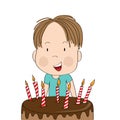 Cute little boy smiling happily, celebrating birthday, b-day chocolate cake with seven candles in front of him Royalty Free Stock Photo