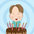 Cute little boy smiling happily, celebrating birthday, b-day chocolate cake with seven candles in front of him Royalty Free Stock Photo