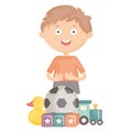 Cute little boy with soccer ball and toys Royalty Free Stock Photo