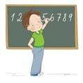 Cute little boy standing in front of the blackboard, writing numbers with chalk, smiling happily - original hand drawn cartoon Royalty Free Stock Photo