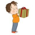 Cute little boy standing and holding big wrapped gift box decorated with red ribbon bow, looking surprised and excited