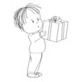 Cute little boy standing and holding big wrapped gift box decorated with red ribbon bow, looking surprised and excited Royalty Free Stock Photo