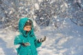 Cute little boy stands under falling snow Royalty Free Stock Photo