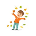 Cute little boy throwing colorful autumn leaves up, lovely kid enjoying fall, autumn kids activity vector Illustration