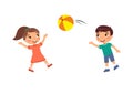 Cute little boy throws ball to little girl. Kids playing outdoors cartoon character.