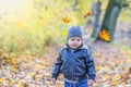 Cute little boy is walking under falling autumn leaves outdoors Royalty Free Stock Photo