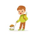 Cute little boy in warm clothing collecting mushrooms, lovely kid enjoying fall, autumn kids activity vector