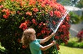 Cute little boy watering flowers in the garden at summer day. Child farmer with garden hose in planting plant. hose Royalty Free Stock Photo