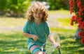 Cute little boy watering flowers in the garden at summer day. Child farmer with garden hose in planting plant. hose Royalty Free Stock Photo