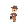 Cute little boy wearing brown suit and hat holding umbrella, young gentleman dressed up in classic retro style vector Royalty Free Stock Photo