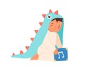 Cute little boy wearing dinosaur costume playing with music box vector flat illustration. Adorable toddler in romper Royalty Free Stock Photo