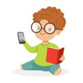 Cute little boy wearing glasses sitting on the floor and playing with book and phone, colorful cartoon character vector