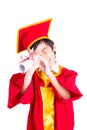 Cute Little Boy Wearing Red Gown Kid Graduation With Mortarboard Royalty Free Stock Photo