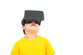 Cute little boy wearing VR or Virtual Reality headset