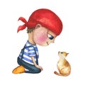 A cute and little boy who looks like a pirate. He is sitting and looking at the kitty. Royalty Free Stock Photo