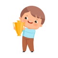 Cute Little Boy Winner with Gold Cup or Goblet Vector Illustration