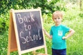 Cute little boy writting on blackboard outdoor . Back to school concept. Royalty Free Stock Photo