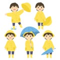 Cute Little Boy in Yellow Raincoat Vector Set