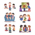 Cute Little Boys and Girl Playing Video Game Together on Console with Gamepad Vector Set Royalty Free Stock Photo