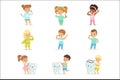 Cute little boys and girls brushing teeth. Colorful cartoon characters Royalty Free Stock Photo