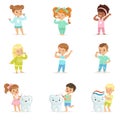 Cute little boys and girls brushing teeth. Colorful cartoon characters