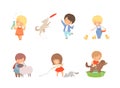 Cute little boys and girls caring of animals set. Kids feeding, playing, washing dog, parrot, chicken, sheep, kitten