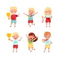 Cute little boys and girls celebrating their medals and winner cups set cartoon vector illustration