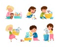 Cute little boys and girls cleaning up his toys and putting toys into boxes set. Kids doing housework chores at home