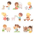 Cute Little Boys and Girls Feeding Animals Set, Adorable Kids Caring for Wild and Domestic Animals Cartoon Vector