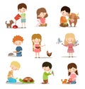 Set with kids feeding and taking care of wild and pet animals. Raster illustration in flat cartoon style Royalty Free Stock Photo